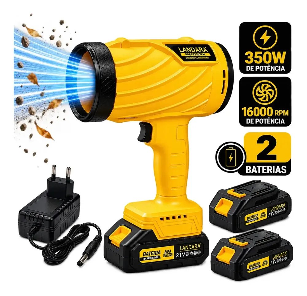 Soprador De Ar Eletrico Automotivo Folhas Potente Turbo 350W Com 2 Baterias 160000 RPM De Potencia Sem Fio Recarregavel Multiuso Landara