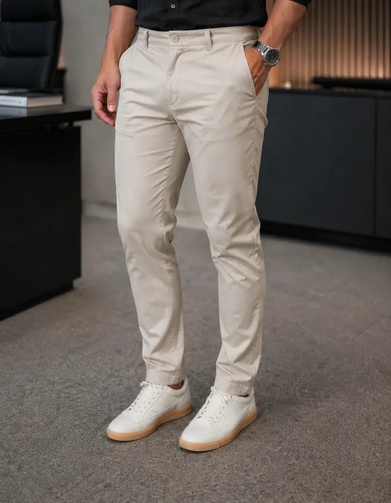 Calça Sarja Masculina Lycra Sport Fino Slim Bolso Embutido Cáqui Liso 40