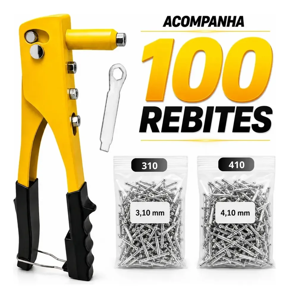 Rebitadeira Manual Profissional Alicate Rebitador com 4 Bicos e 100 Rebites Para Metal e Alumínio Uso Imediato