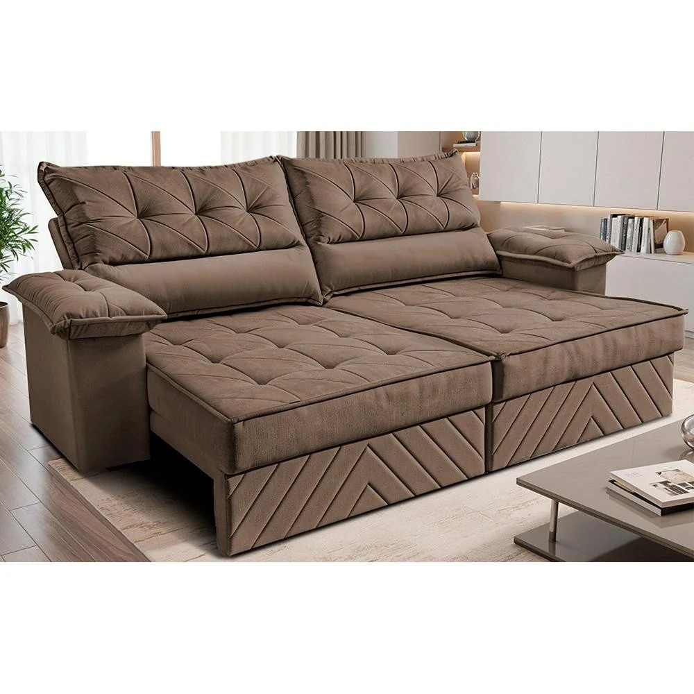Sofá Retrátil e Reclinável 2,10m com Molas e Espuma D33 Thunder. Velusoft Cama inBox