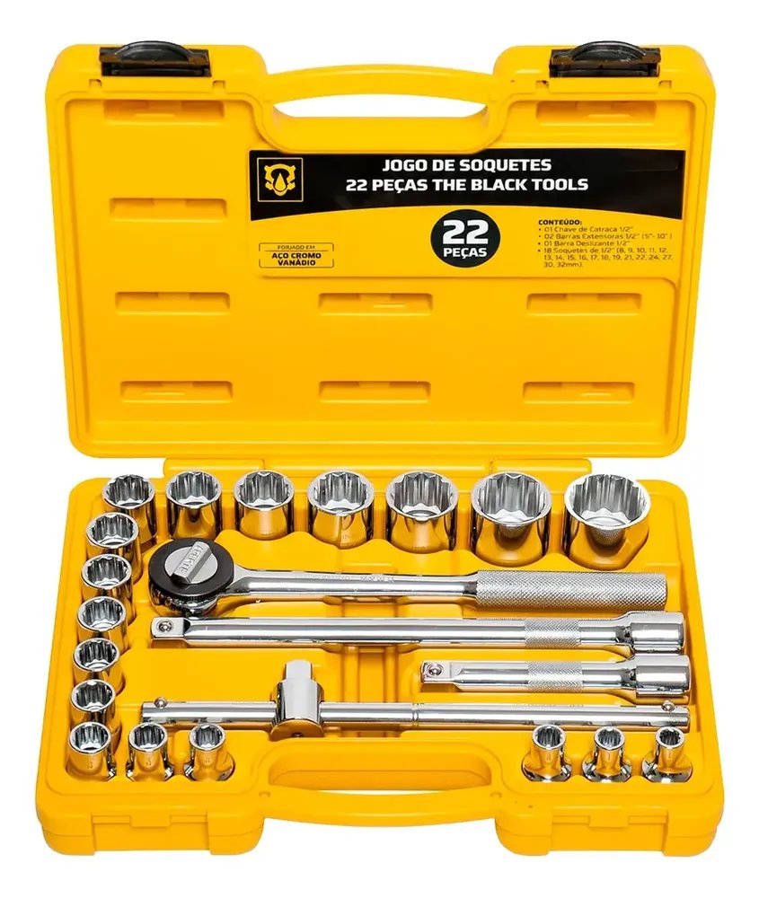 Jogo Kit de Ferramentas Manuais Chave Catraca 1/2 8 a 32mm BCS022 The Black Tools Cor Amarelo