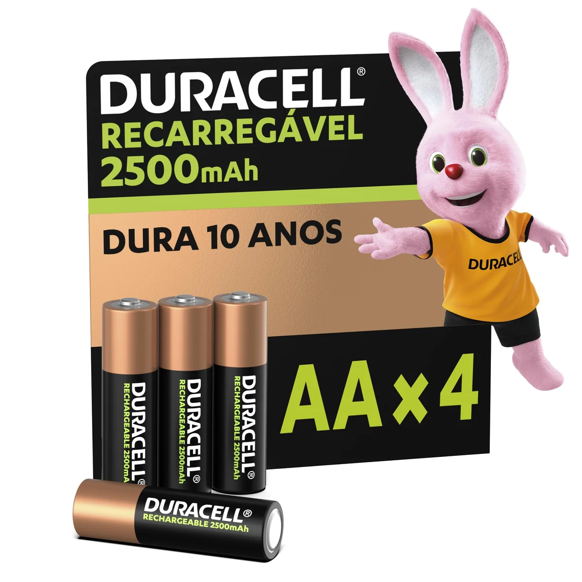 Duracell Pilha Recarregável AA 2500mAh Pequena Com 4 Unidades – Ideal para Controle Xbox™, Câmeras Digitais e Brinquedos de Alto Consumo