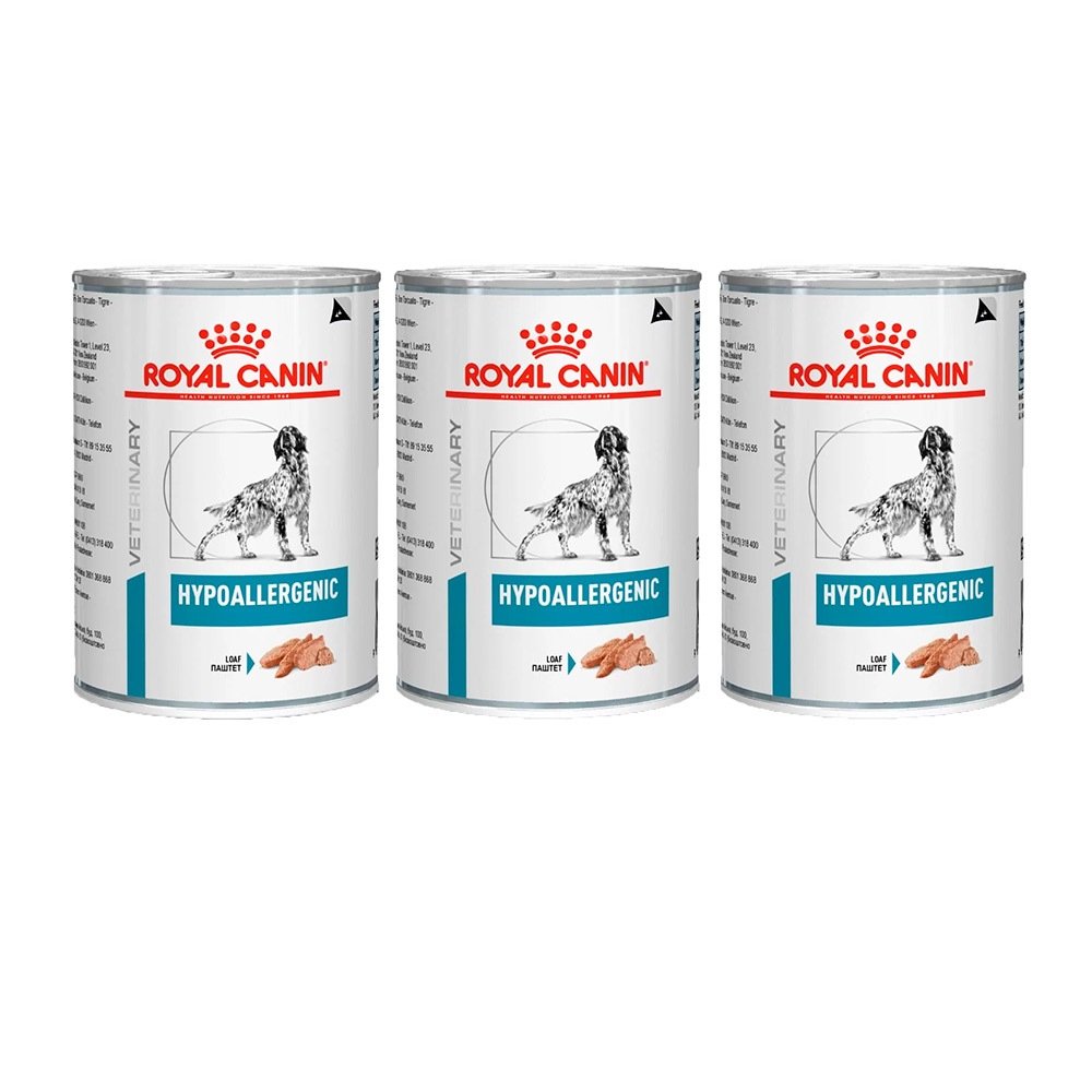 Kit 3un.Ração Úmida Lata Royal Canin Veterinary Hypoallergenic Cães Adultos 400g