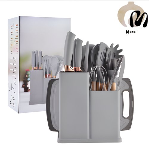 Kit Utensílios de Cozinha 12/19 Peças • Silicone com Cabo de Madeira • Completo e Resistente