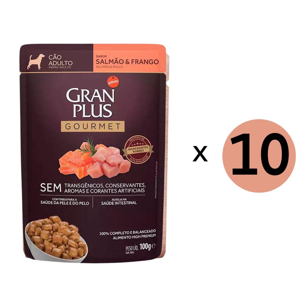 Kit 10 Ração Úmida Gran Plus Gourmet Cães Adultos Salmao Frango Sachê 100Gr