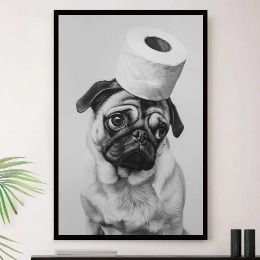Quadro Cachorro Pug Banheiro Papel Decorativo