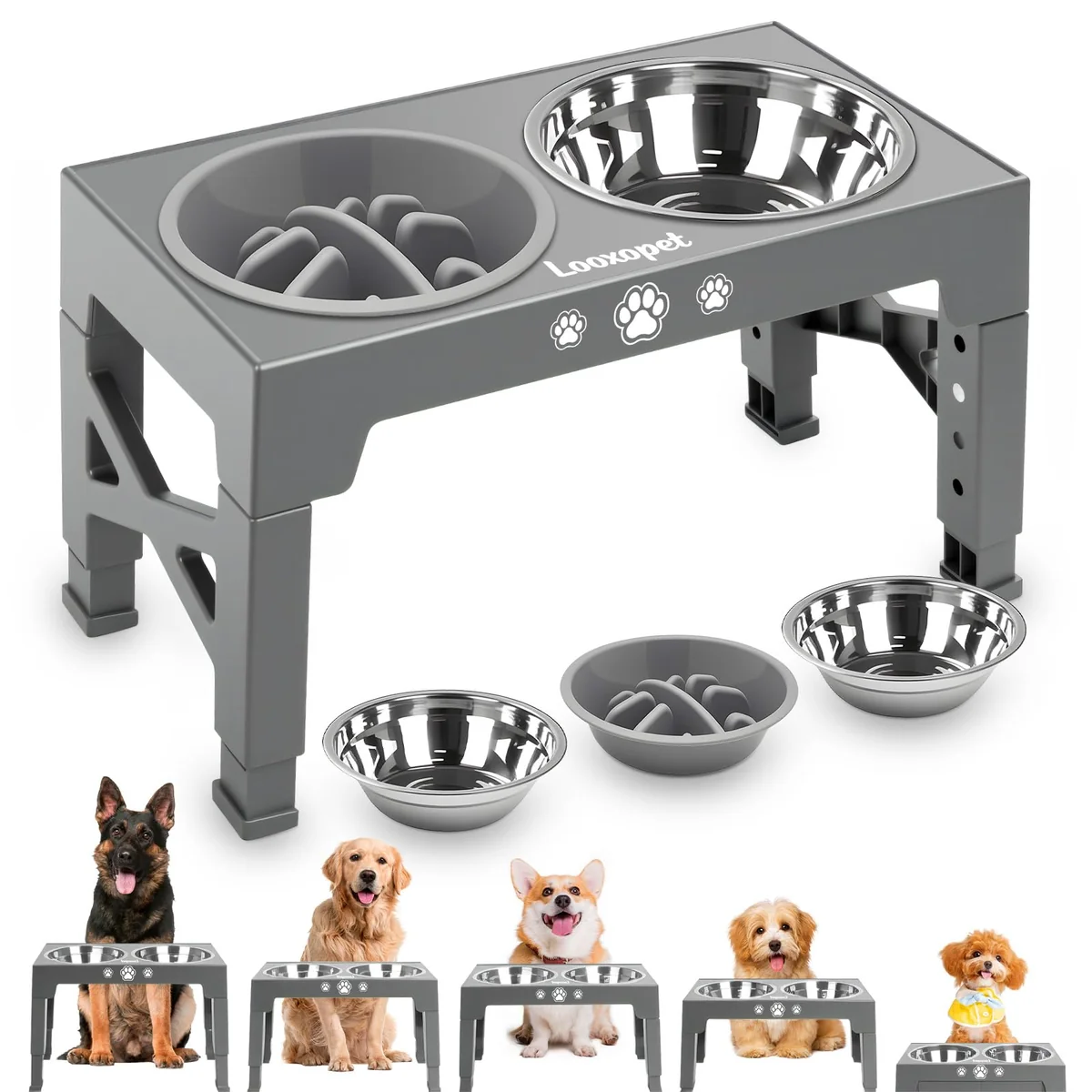 Comedouro Elevado para Cães, 5 Alturas, Lento e 2 Tigelas Inox, Cinza | Antiderrapante,Fácil de limpar, Dobrável
