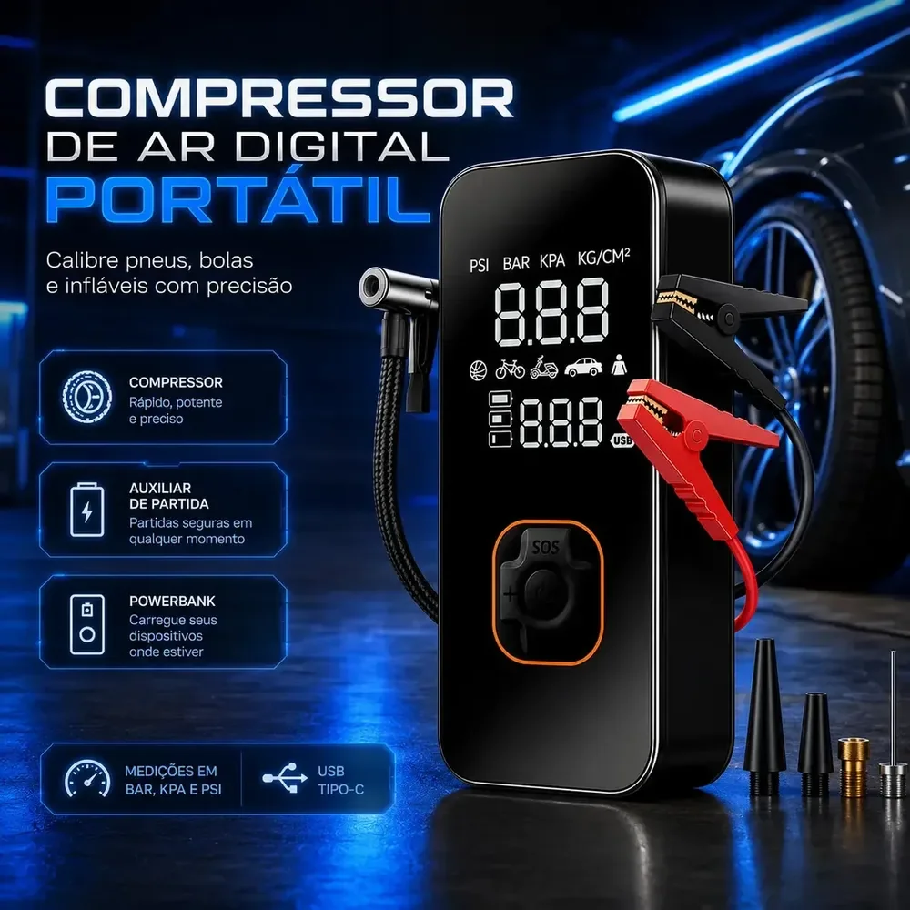 Bomba Elétrica Portátil Digital Para Encher Pneu De Carro Moto Bicicleta Inflador Automotivo Cor Preto