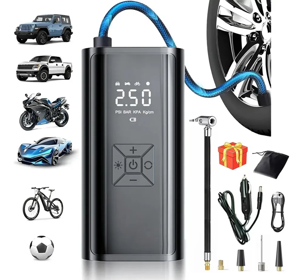 Mini Compressor Ar Calibrador Encher Pneu 150 Psi 34 L/min Led E Display Preto Portátil Digital Sortido Com Luzes Led Sos Emergência Encher Pneu Bomba De Ar 127/220v Para Carro Moto Bicicleta E Bola