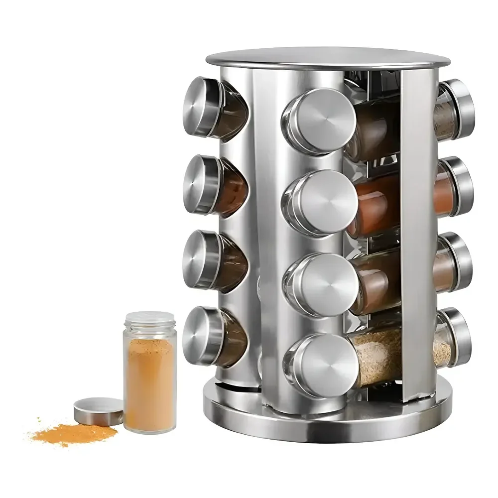 Porta-temperos Giratório De Inox Para 16 Potes De Vidro Prateado