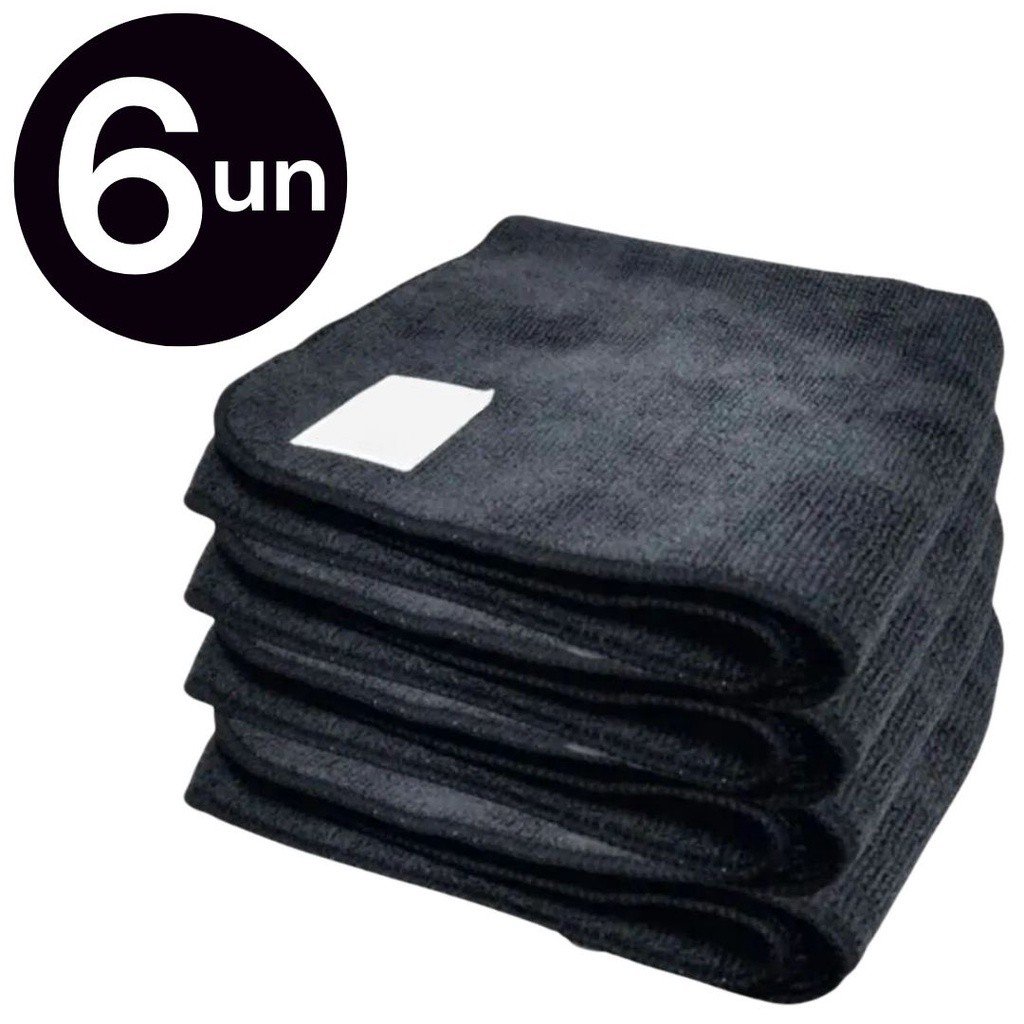 6 Panos Mágico Microfibra Automotivo Grande Preto 60x40cm Anti Risco Lava Seco Não Solta Fiapos