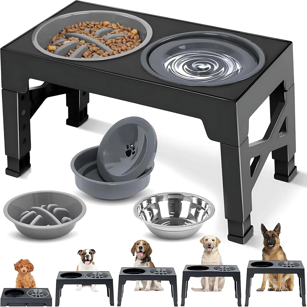 Comedouro Elevado para Cães Gatos, com Comedouro Lento e Pote de Racao Inox, Dobrável, 5 Alturas Ajustáveis, Ideal para Cães de Pequeno, Médio e Grande Porte, Gatos e Bicho de Estimação