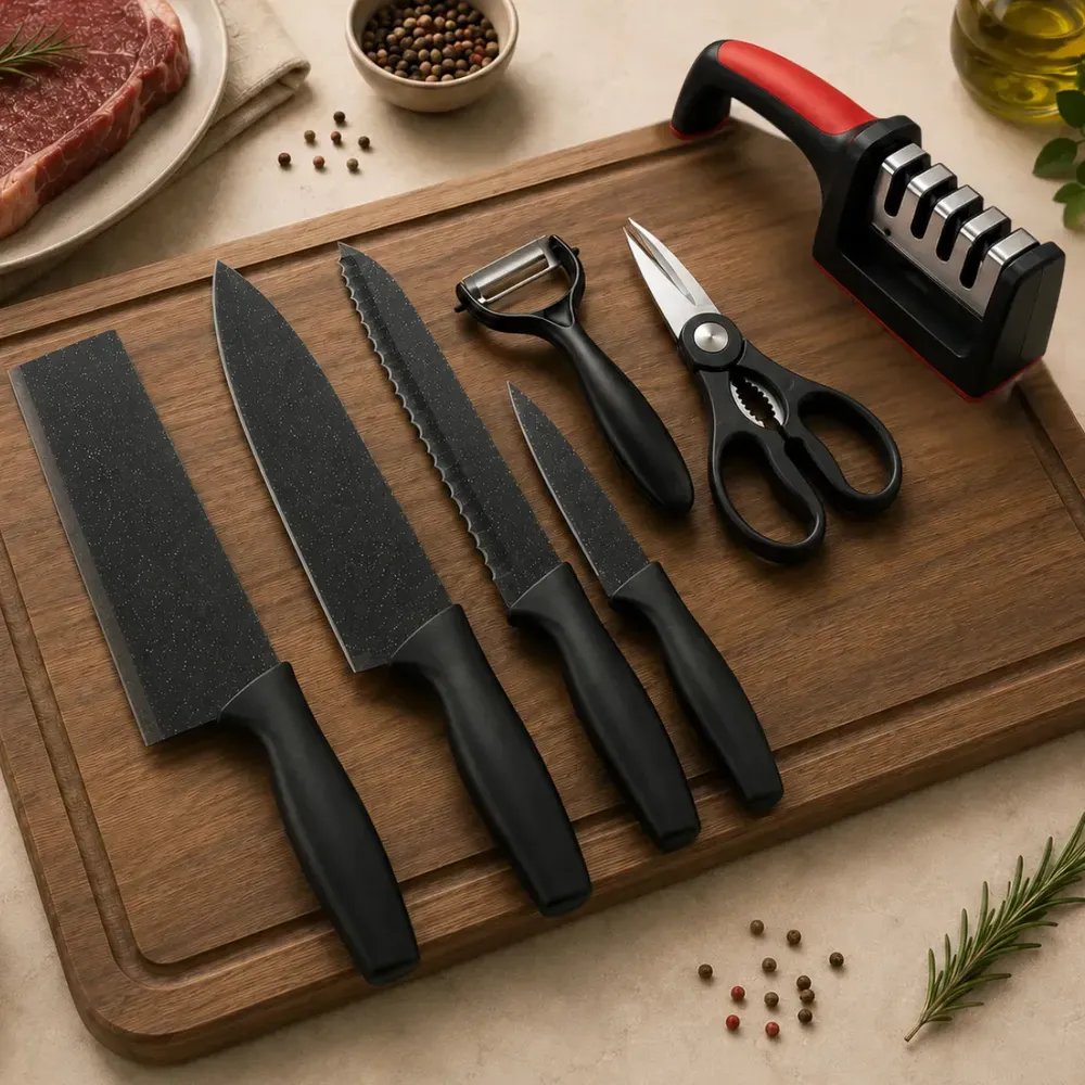 Jogo De Facas Conjunto Inox Kit 7 Afiador Preto Cozinha Premium Churrasco