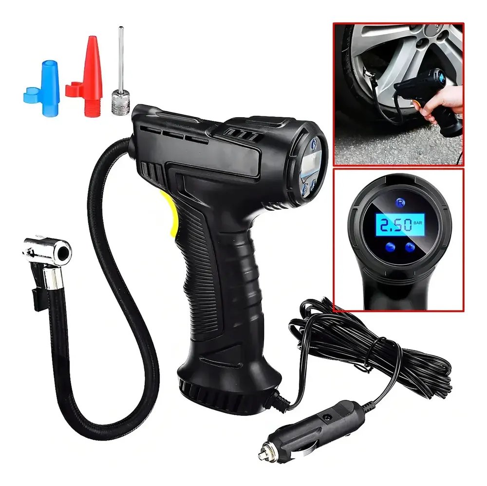 Bomba Compressor De Ar 120w Digital Encher Pneus Carro Moto Cor Preto