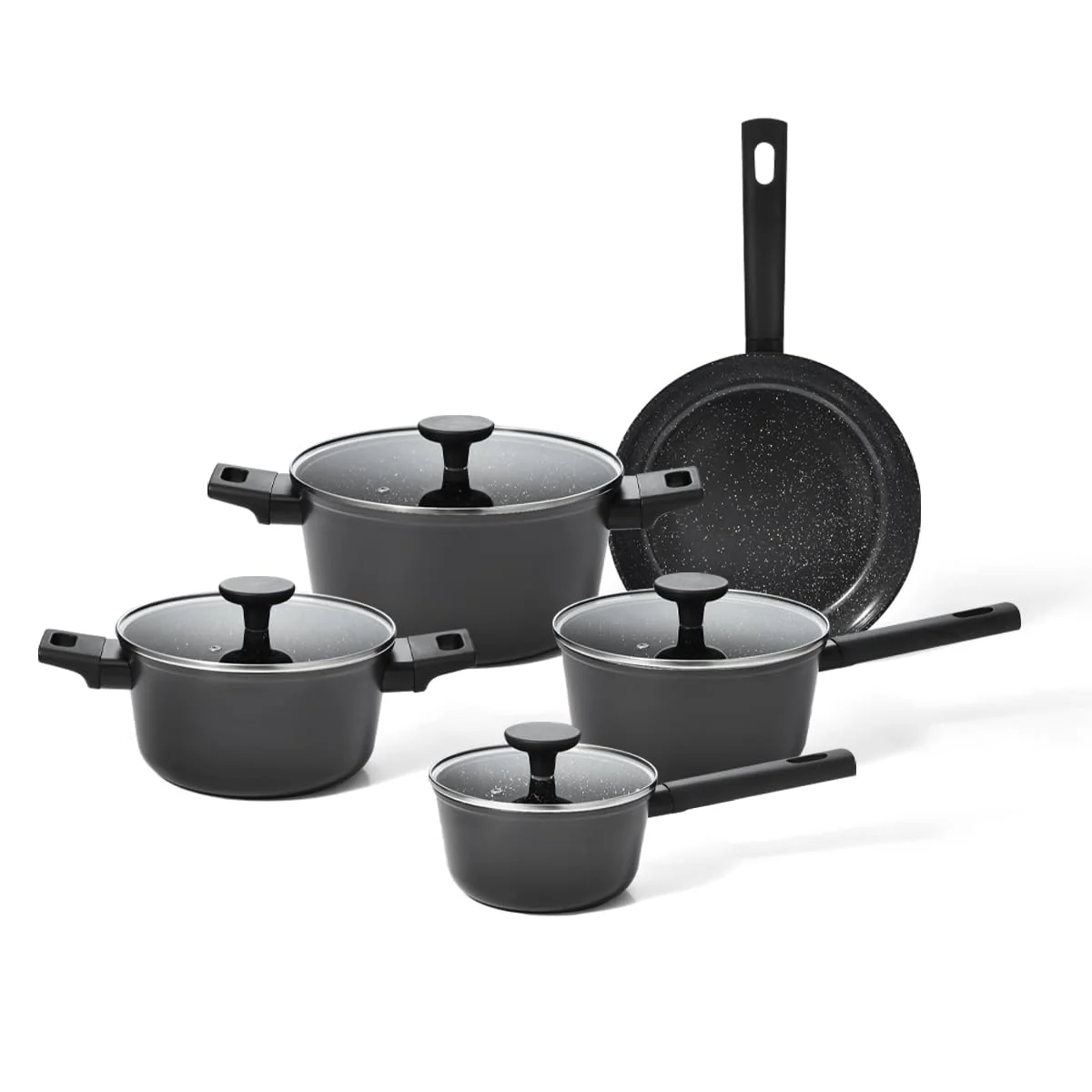 Oikos - Jogo com 5 Panelas Antiaderentes de Revestimento Cerâmico para Fogão por Indução, a Gás, Elétrico e Vitrocerâmico Cor Preta Mou Chia