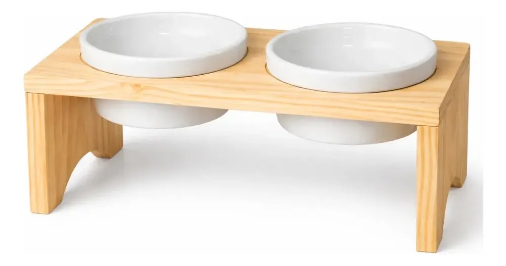 Comedouro Pet Suporte Madeira Tigela Porcelana Cachorro Gato Branco