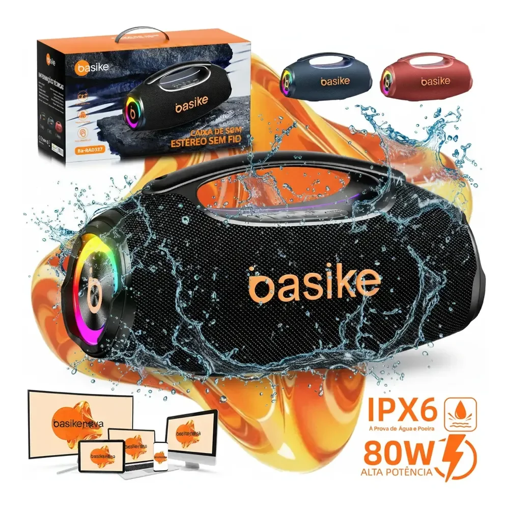 Basike Caixa De Som Boombox Plus 80w 8000mah 10hrs Portátil Bluetooth 5.3 Sem Fio Ipx6 À Prova D'água Com Luz Rgb Hifi... 6v Preto