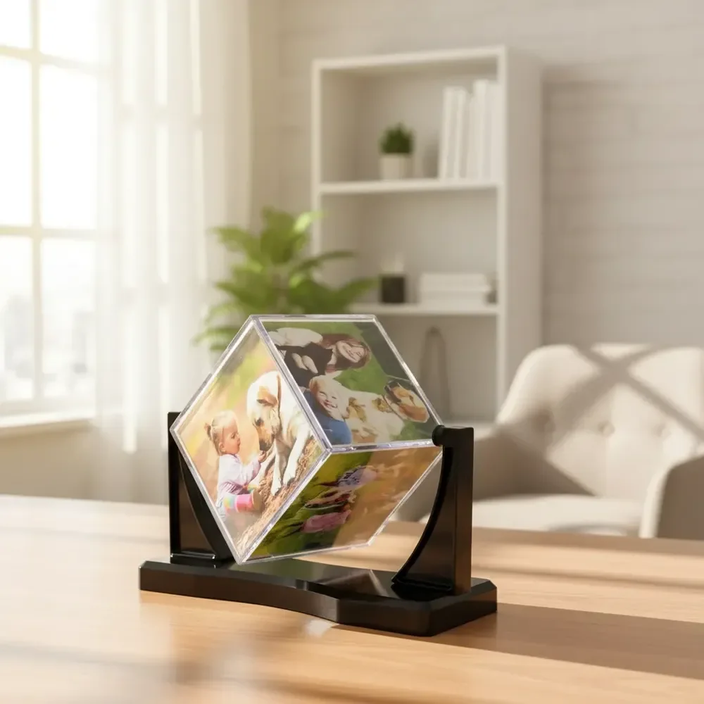 Cubo Acrílico Porta Retrato Já Com Fotos 6x6cm Com Suporte Preto Personalizado