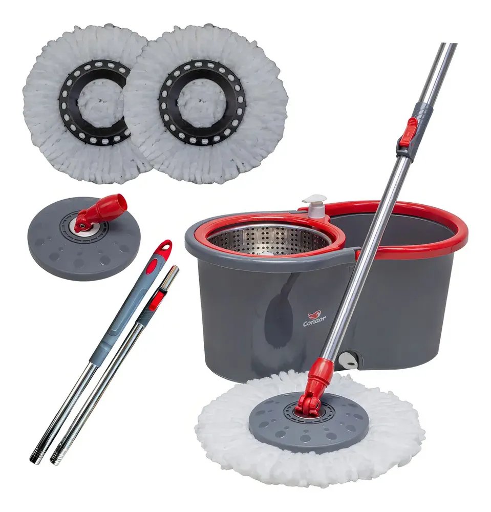 Mop Esfregão Giratório Condor Balde Inox 13 Litros + Refil Microfibra + Cabo Longo 1,4 Metros