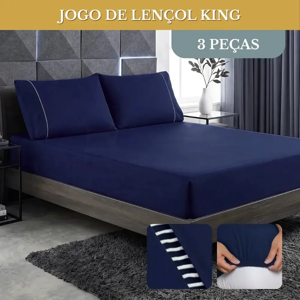 Jogo De Lençol Cama King 03 Peças 400 Fios Ponto Palito Cor Azul-marinho Desenho Do Tecido Lisa