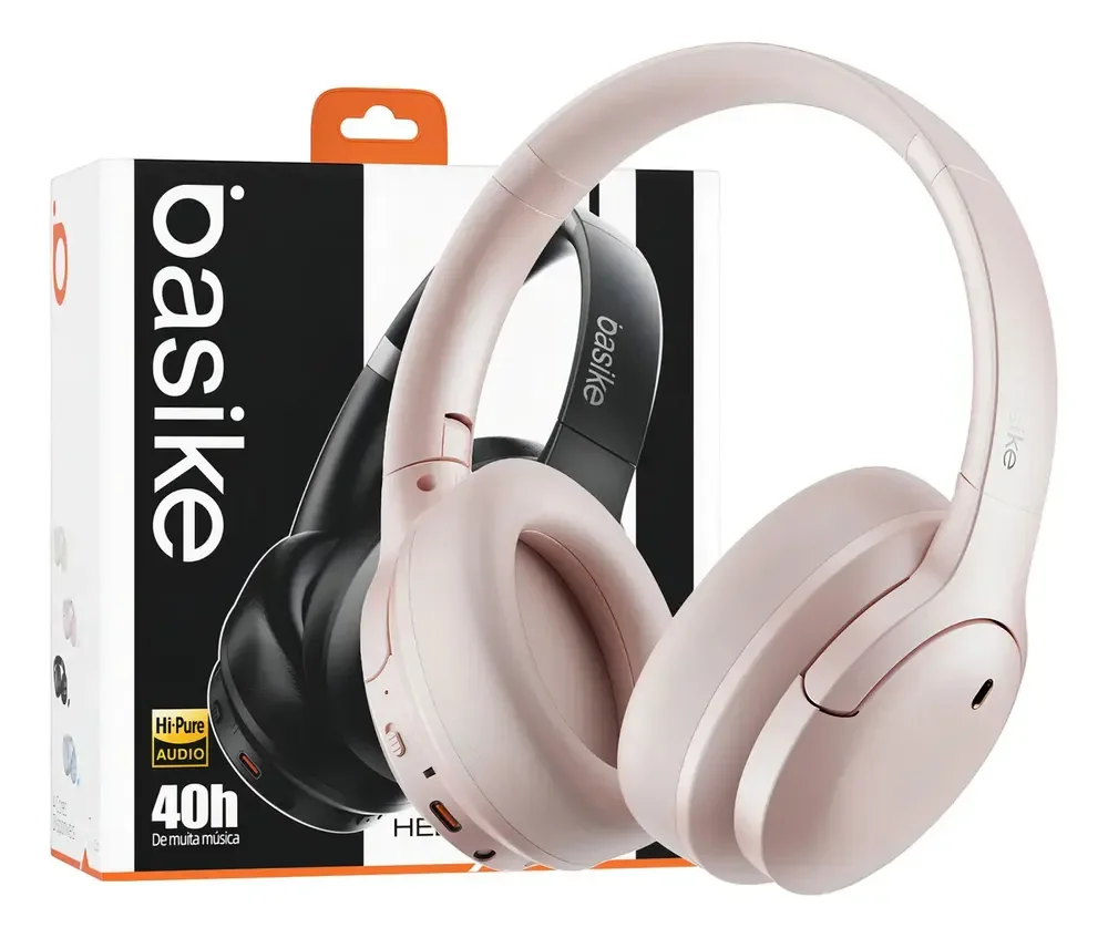 Fone De Ouvido Headphone Bluetooth Basike Ba-FON193 Sem Fio ANC Cancelamento Ruído Microfone 40h Rosa