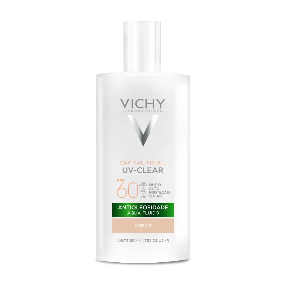 Vichy Capital Soleil UV-Clear Protetor Solar Facial Antioleosidade e Antiacne, Toque Seco FPS 60, com Niacinamida e Ácido Salicílico, Acabamento Invisível, Cor 2.0, 40g