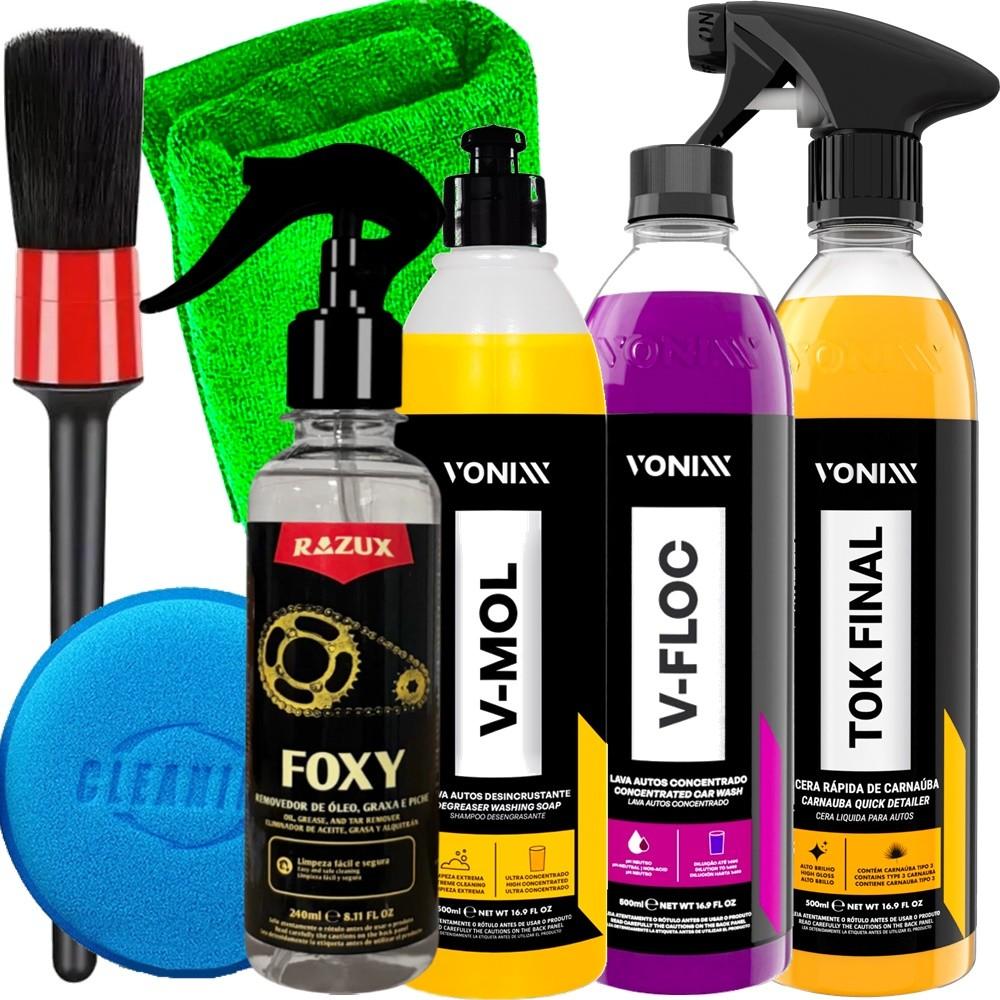 Kit Lavagem de Moto Estética Automotiva Vonixx Cera Tok Final Shampoo Limpeza Pesada V-Mol V-Floc Limpa Corrente Foxy