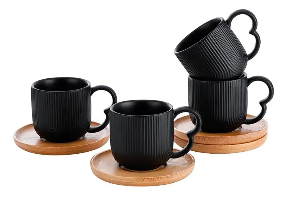 Jogo 4 Xicaras De Café Porcelana Com Pires Bambu 90ml Oásis