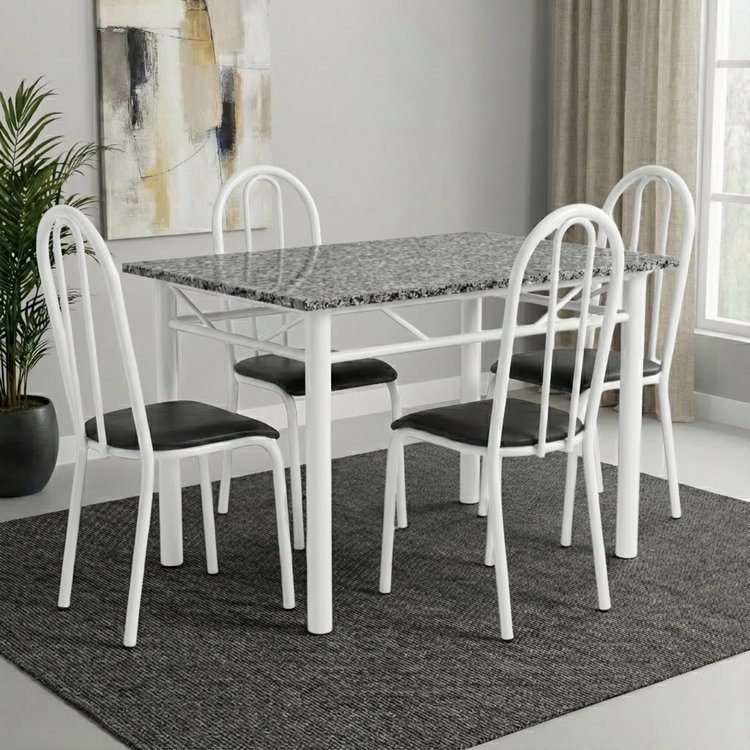 Conjunto Mesa de Jantar 4 Lugares Retangular em Aço com Tampo em Granito Monique Mescla Branco/Preto