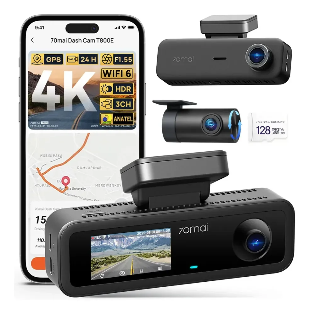 Câmera Veicular 4k Hdr 3 Canais 70mai T800e-1 Gps 24h App T800e-1 Com Sd 128g