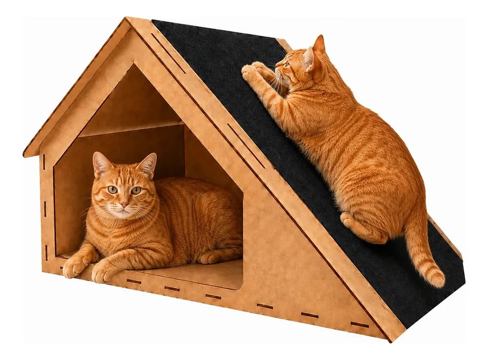 Casinha Gato Toca Arranhador Madeira Mdf Carpete 30x47x36cm Nude