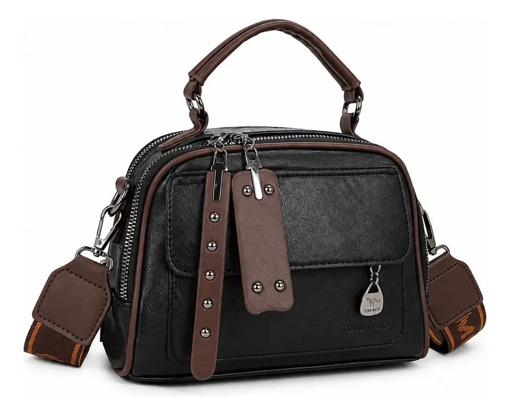 Bolsa Preta Feminina Transversal Tiracolo Ombro Casual Leve Preto Lisa Níquel