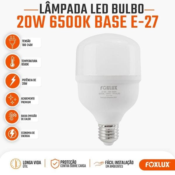 Lâmpada Led Alta Potência 20W Foxlux 6500K Branca Fria E27