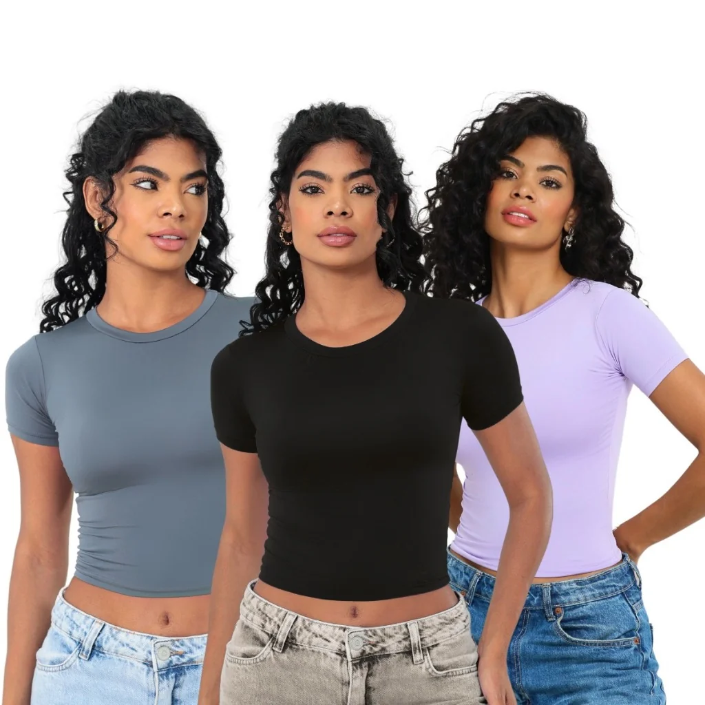 KIT 03 - Baby Tee Feminina - Blusa Slim Fit Manga Curta - Blusa Compressão
