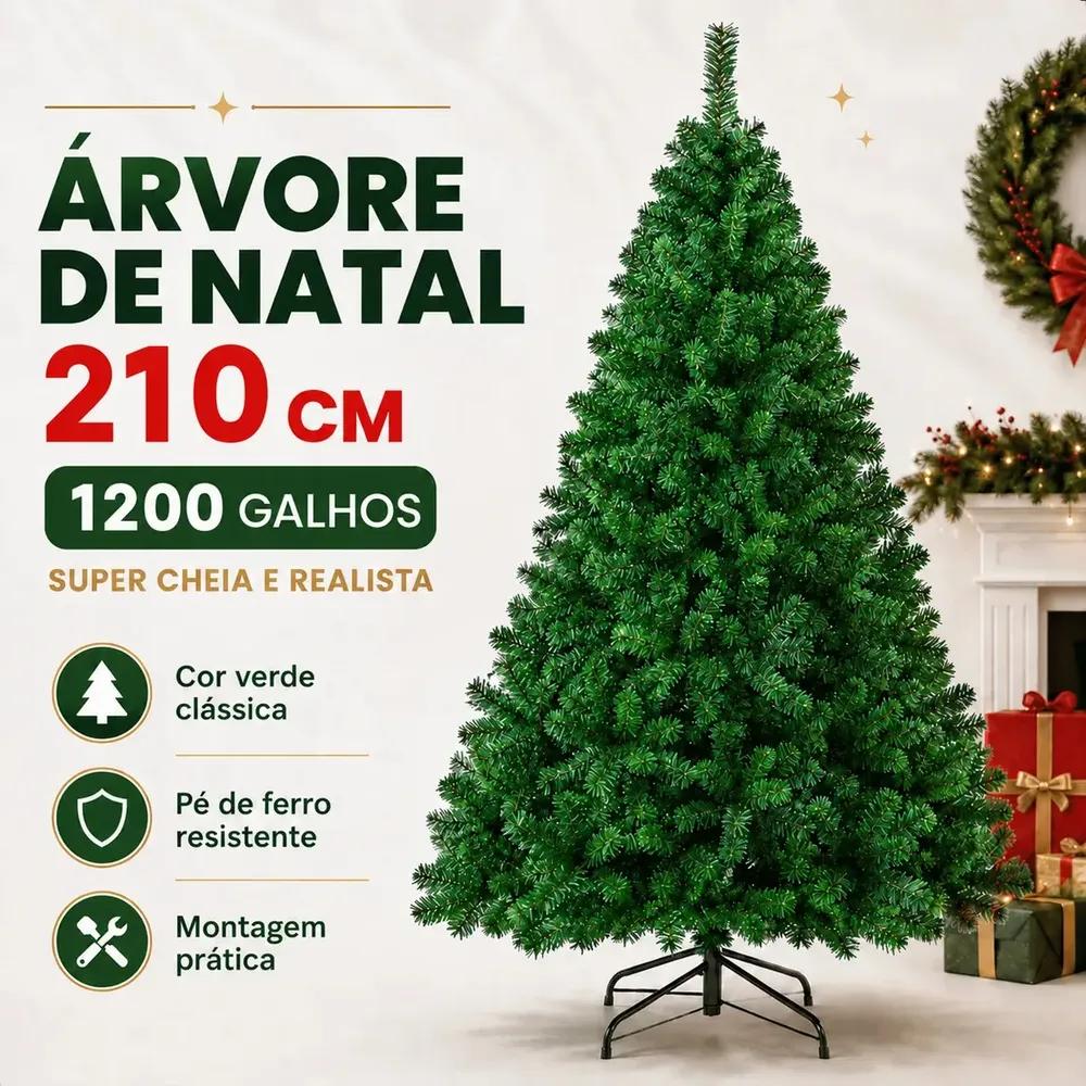 Árvore de Natal 2,10m 1200 Galhos Verde Base Metal Pinheiro Canadense Atelier Enovelada