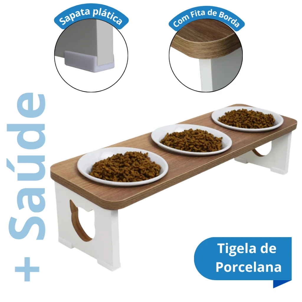 Comedouro Gato Triplo Elevado Para Pet MDF 3 Tigelas / 3 Comedouros - Tigela Inox e Cerâmica