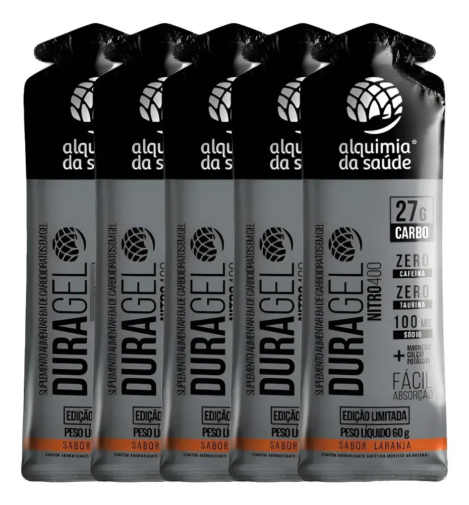 Gel Alquimia Da Saúde DURAGEL Nitro400 Carboidratos 27g Sabor Laranja 5 Unidades