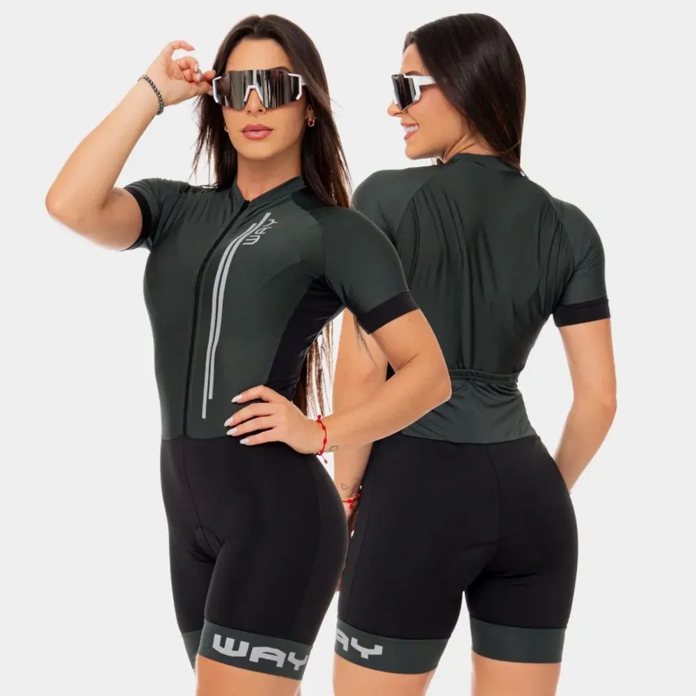 Macaquinho Ciclismo Macacão Uv Almofadado Bolsos Roupa Bike Verde Militar M