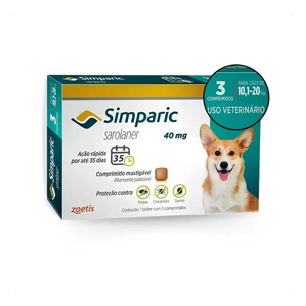Antipulgas Para Cães Simparic 40mg De 10-20kg 3 Comprimidos  Ciano