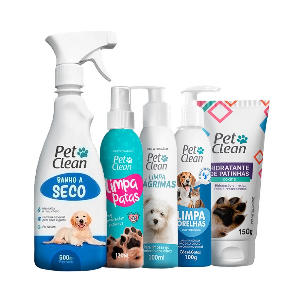 Kit Higiene Pet Clean Banho a Seco Hidratante Limpa Patas Limpador Orelhas Lágrimas Cachorro e Gato