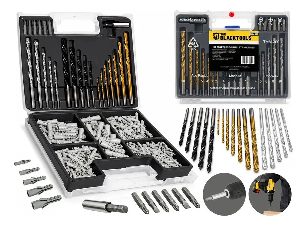 Kit Jogo De Ferramentas Multiuso 300 Peças Com Maleta Brocas Bits e Buchas TMM300 - The Black Tools