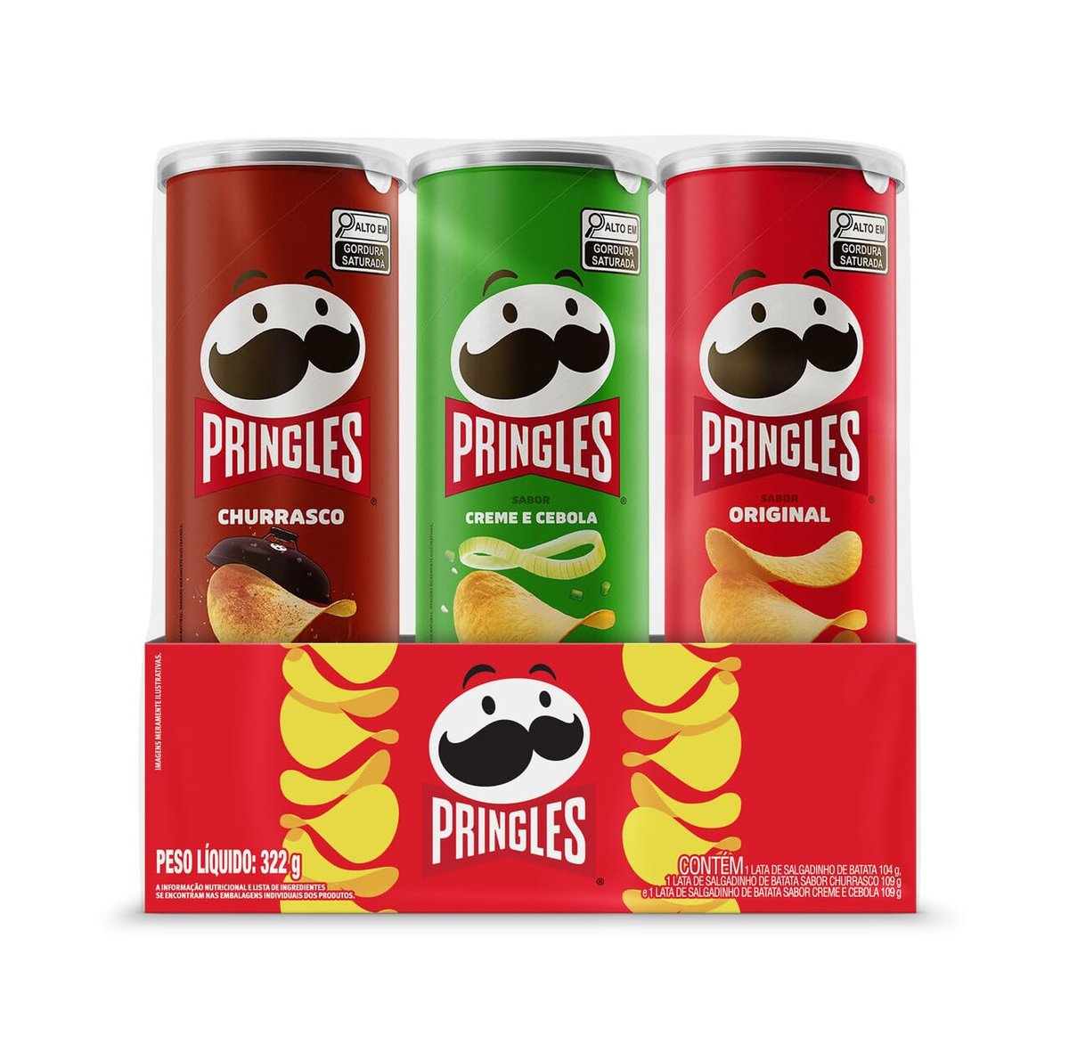 Pringles Pack Promo Salgadinho de Batata Frita 3 Sabores - Original, Creme e Cebola e Churrasco
