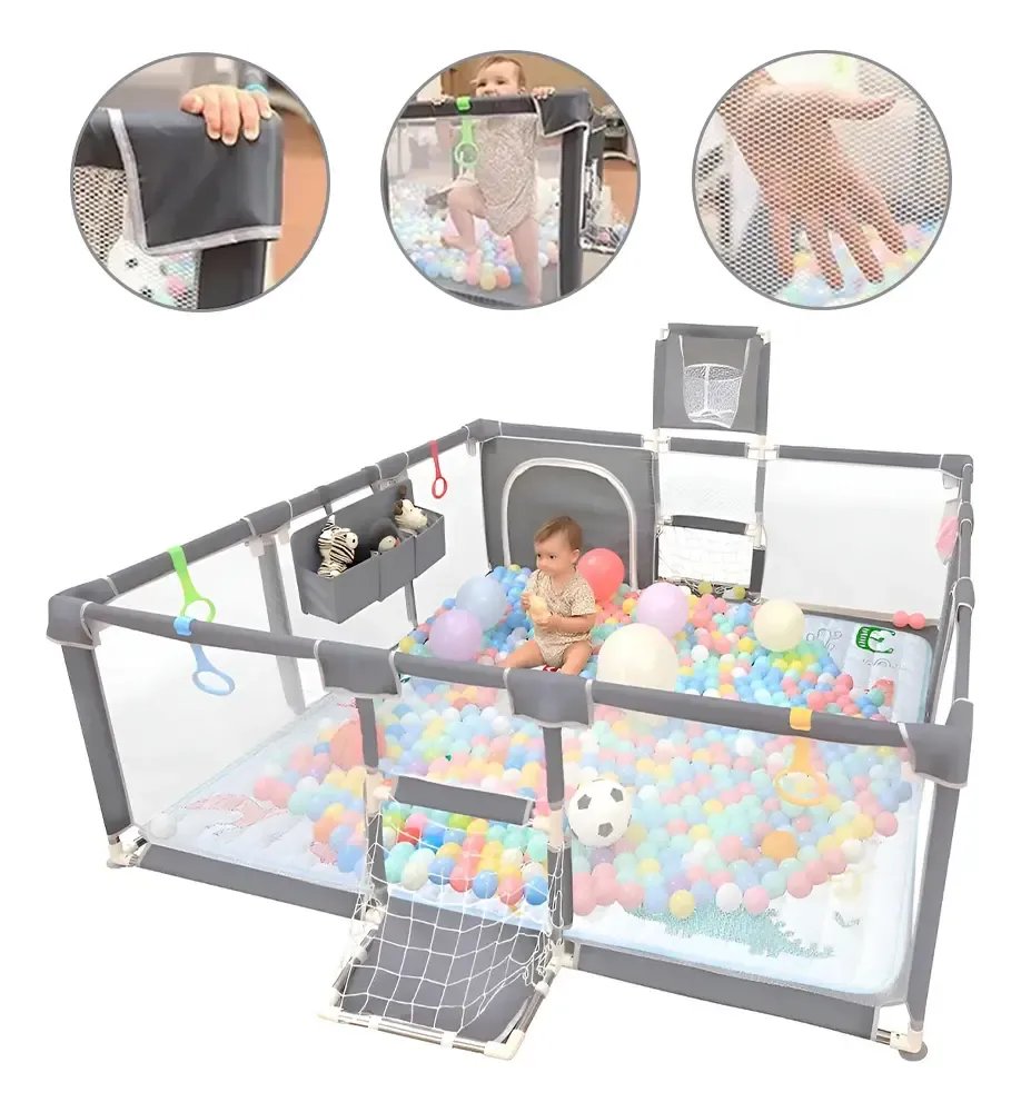 Cercadinho Bebê Infantil Cercado Grande 182*120*64cm Cinza Liso