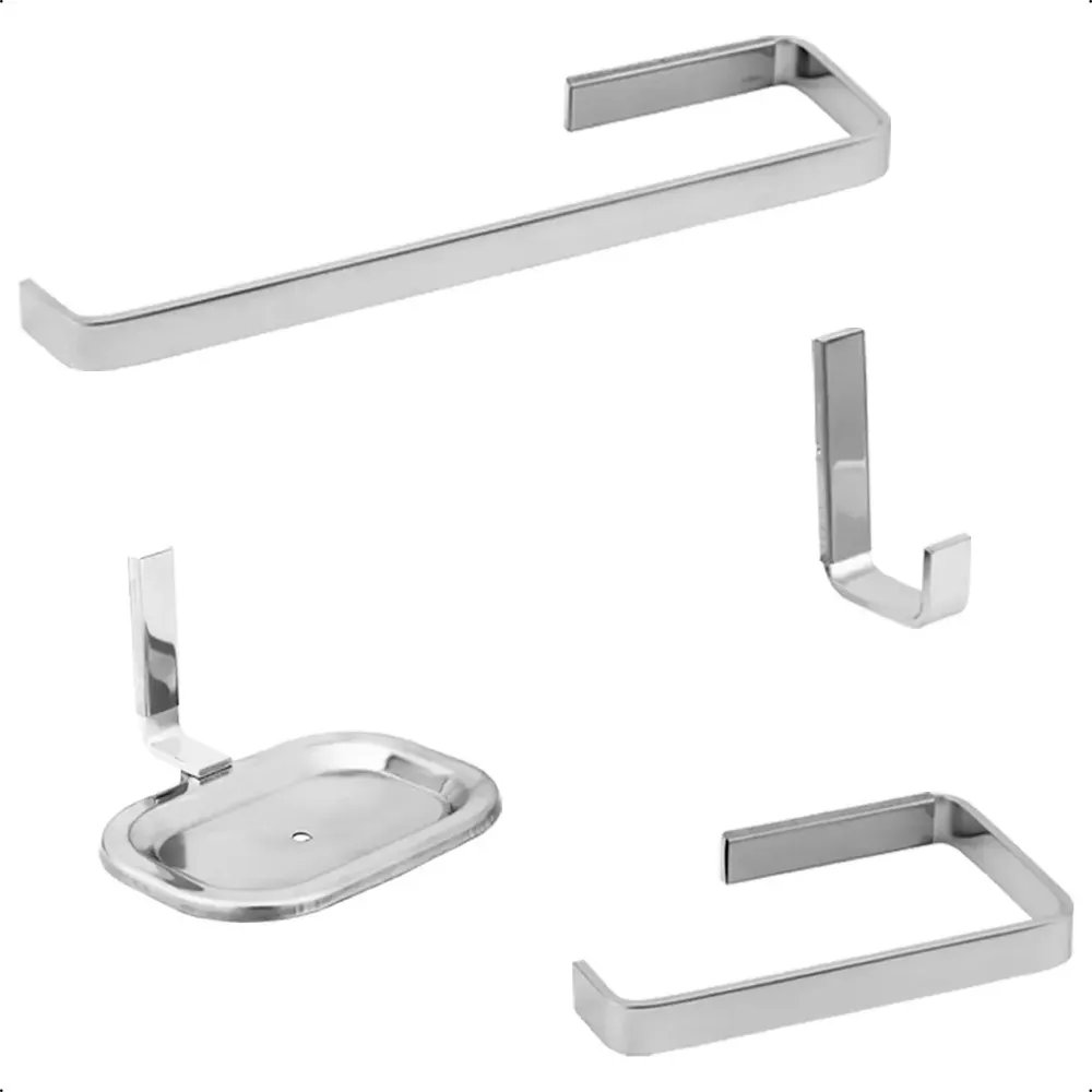 Kit Acessorio Para Banheiro Com 4 Peças Quadrado Todo Metal Prateado