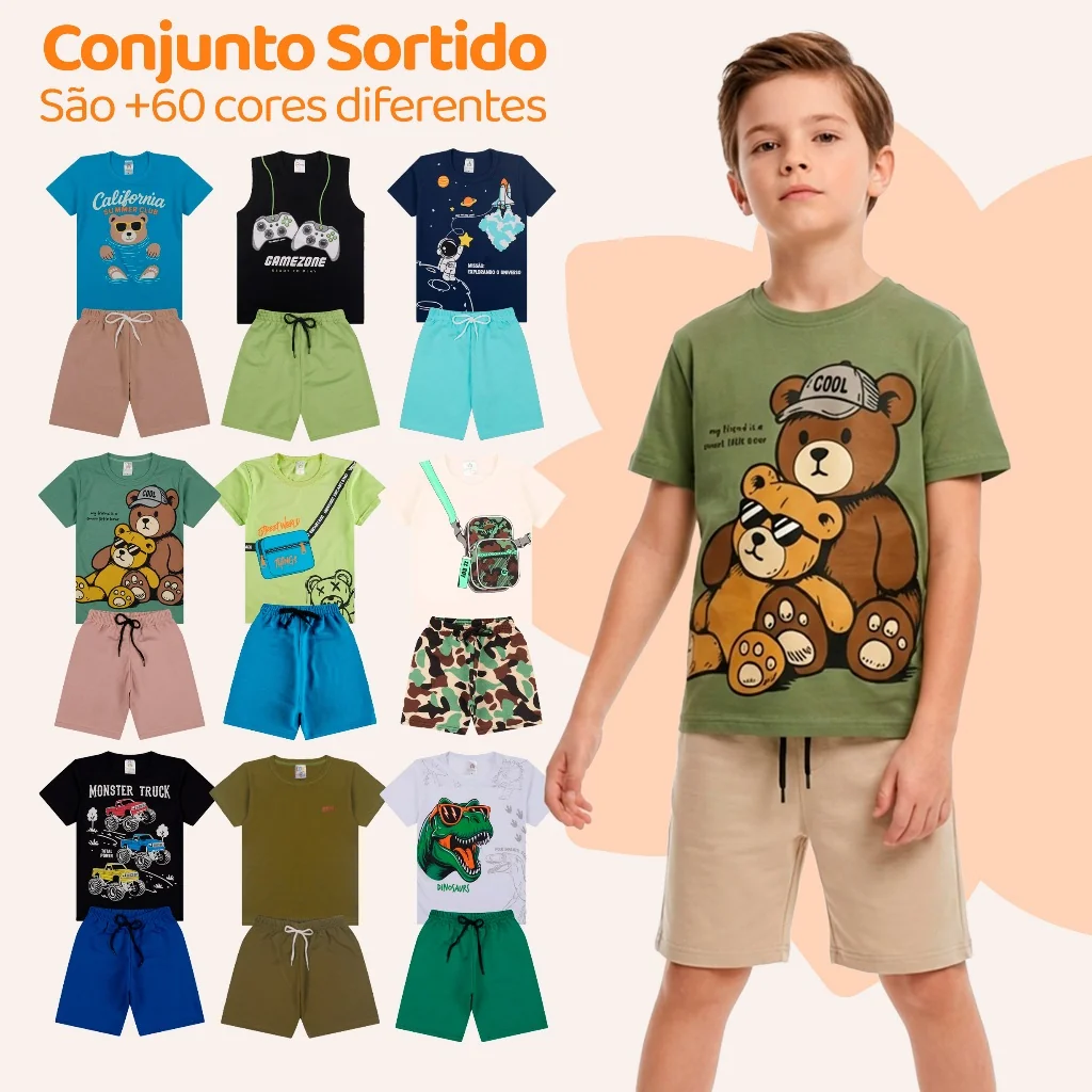 Kit Sortido 6 ou 10 Peças de Roupa Infantil Menino Verão (5 Camisetas + 5 Bermudas) Kit Conjunto Infantil Bebê Masculino