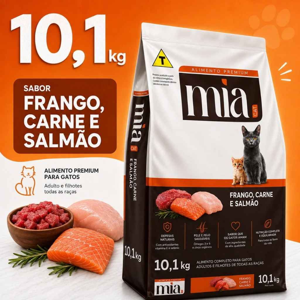 Ração Para Gato Filhote E Adulto 28g Proteína Mia Cat 10,1kg Frango Carne Salmão