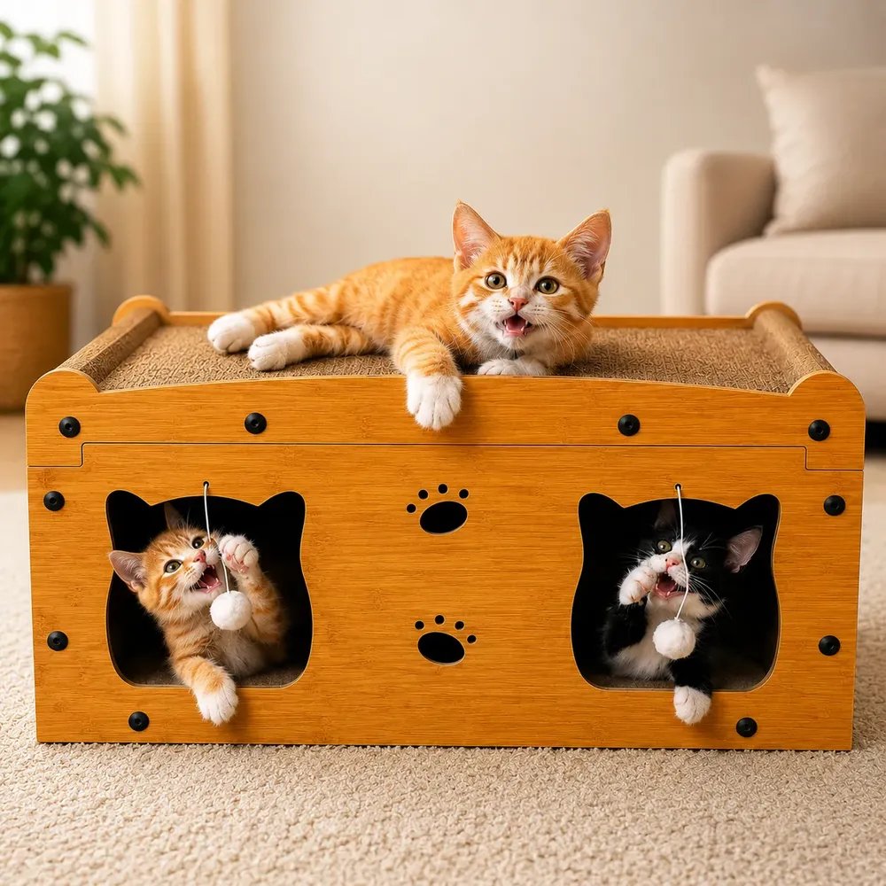 Toca Dupla Para Gatos Arranhador Mdf Com Bolinha Day Luna Marrom