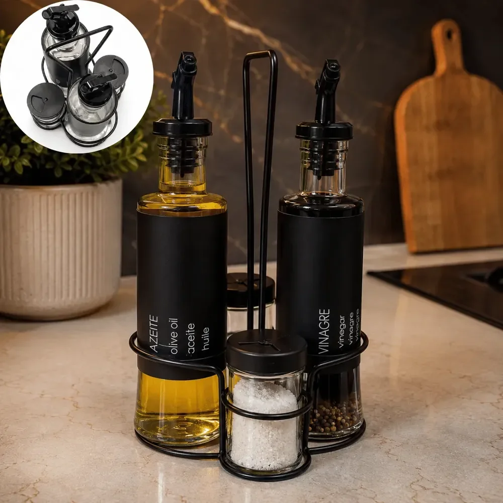 Kit 5 Peças Galheteiro Vidro C/ Dosador E Porta Condimentos