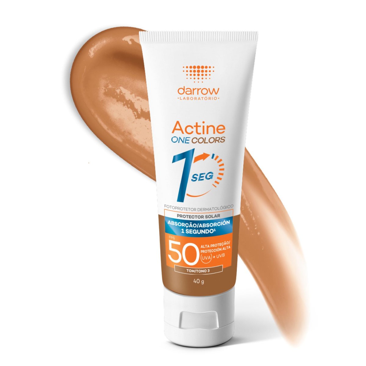 Darrow Actine One Protetor Solar Dermatológico Facial FPS 50 Tom 3 Escuro com Ácido Hialurônico Biomimético que Hidrata, Controla a Oleosidade por 12h, Tem Textura Ultraleve, Acabamento natural e Absorção em 1 segundo, 40g