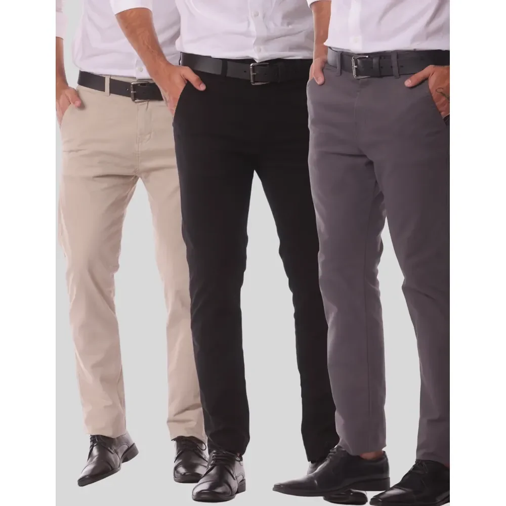 Kit 3 Calça Masculina Sarja Slim Alfaitaria Esporte Fino Preto-bege-chumbo 36